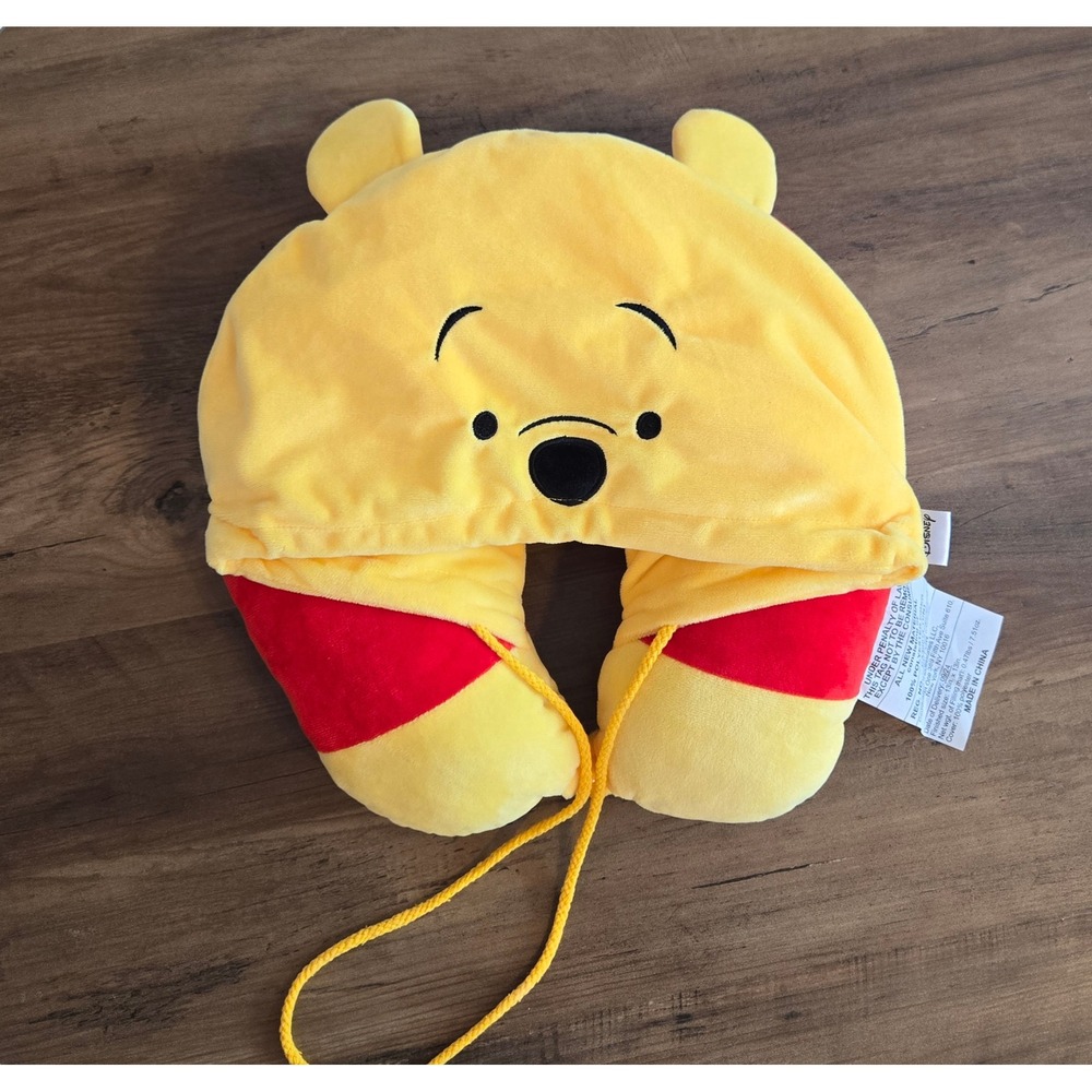 Disney Winnie the Pooh Hooded Neck Travel Pillow Yellow Red Character Plush